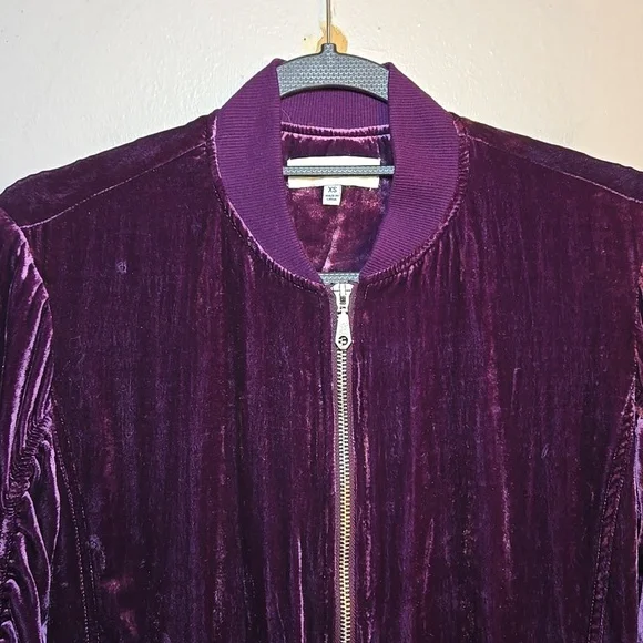 Rebecca Minkoff Kaya Velvet Ruched Sleeved Back Zip Rayon Viscose Bomber Jacket - Picture 4 of 15